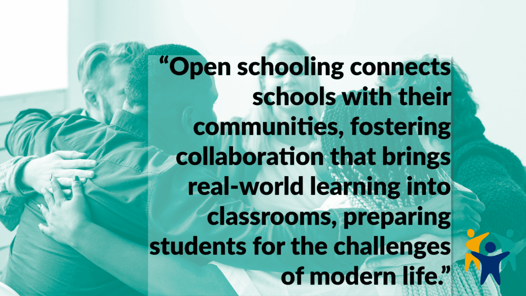 People from diverse backgrounds embracing, symbolizing community and collaboration through open schooling