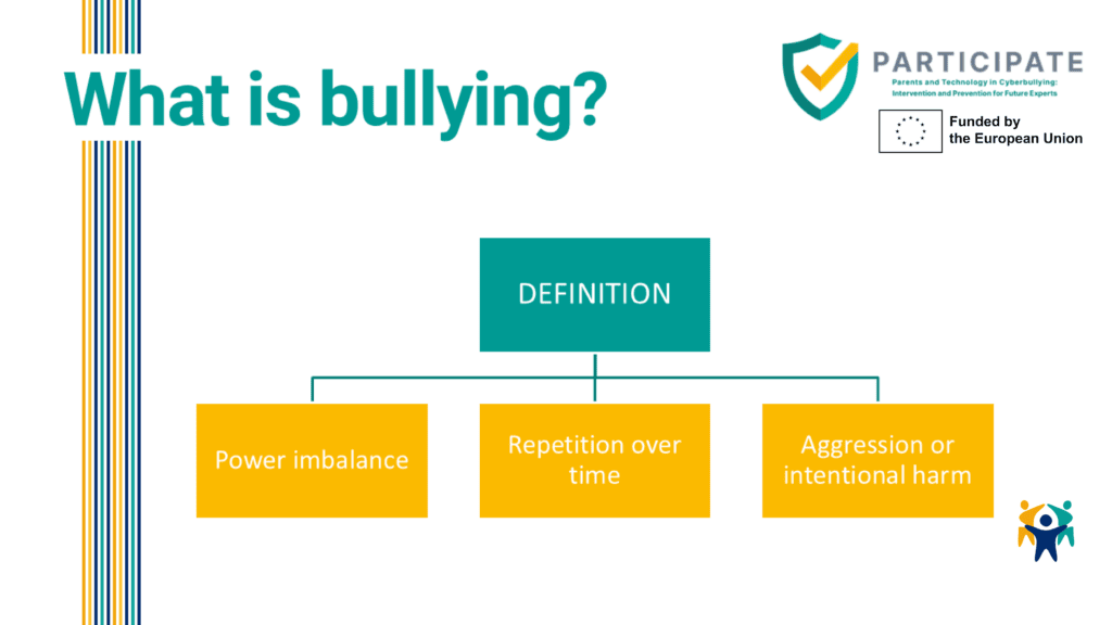 Definition chart of bullying factors including power imbalance, repetition, and harm, as discussed by Project PARTICIPATE and International Parents Alliance