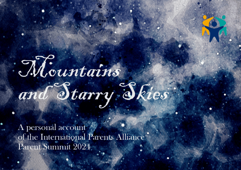 Cover of "Mountains and Starry Skies" booklet, featuring a scenic view of the Caucasus mountains under a starry night sky, symbolising the journey of parents and educators at the 2024 IPA Parent Summit.